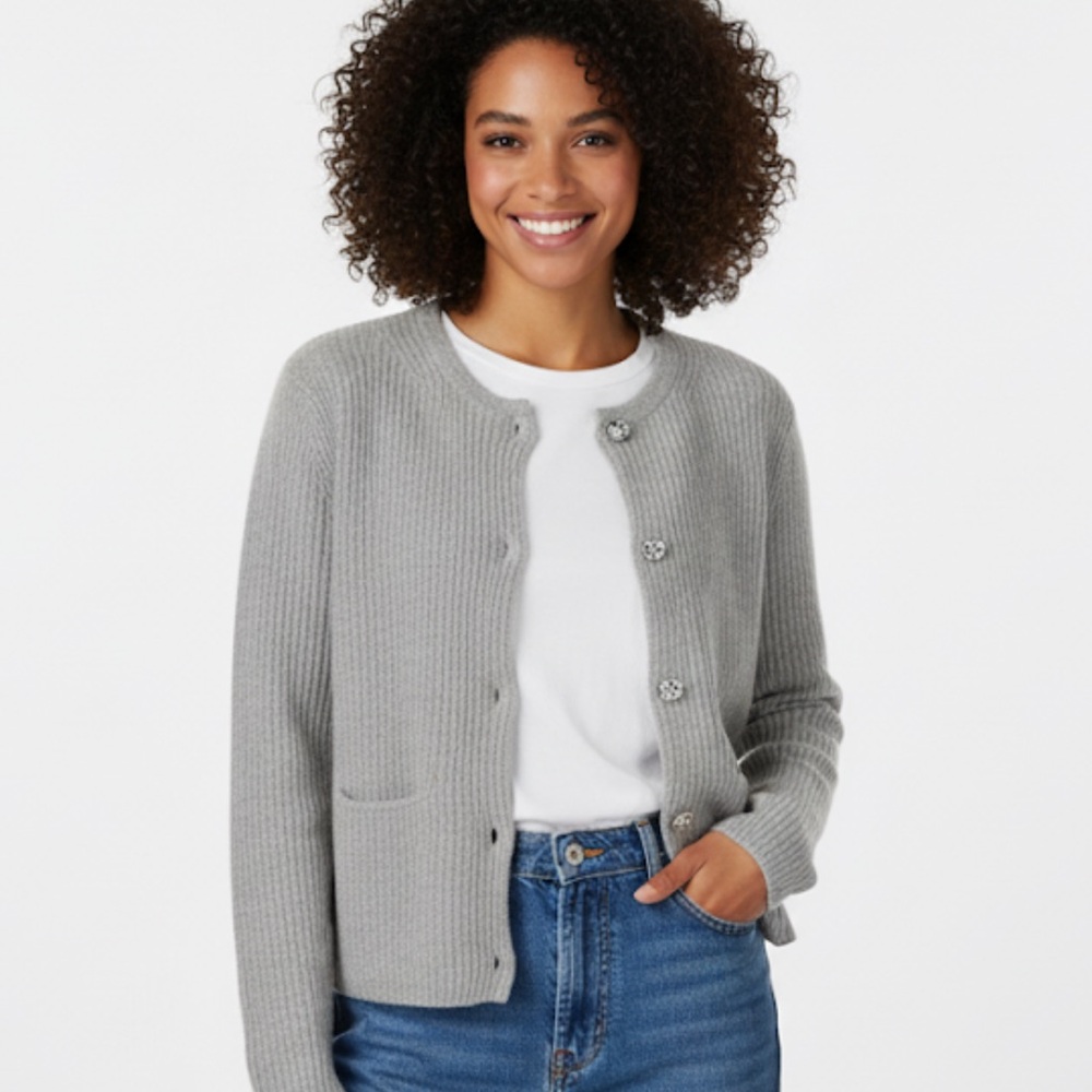 Magachoni Cashmere Cardigan Gray Ribbed Crystal Button Classic Sweater